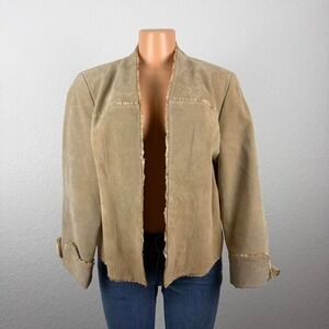 Y2K Boho Open-Front Tan Suede Feel Leather‎ Jacket | Cropped Neutral Blazer